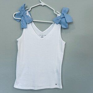 Tommy Hilfiger White Tank with Blue Pinstripe Bows Size XS NWOT